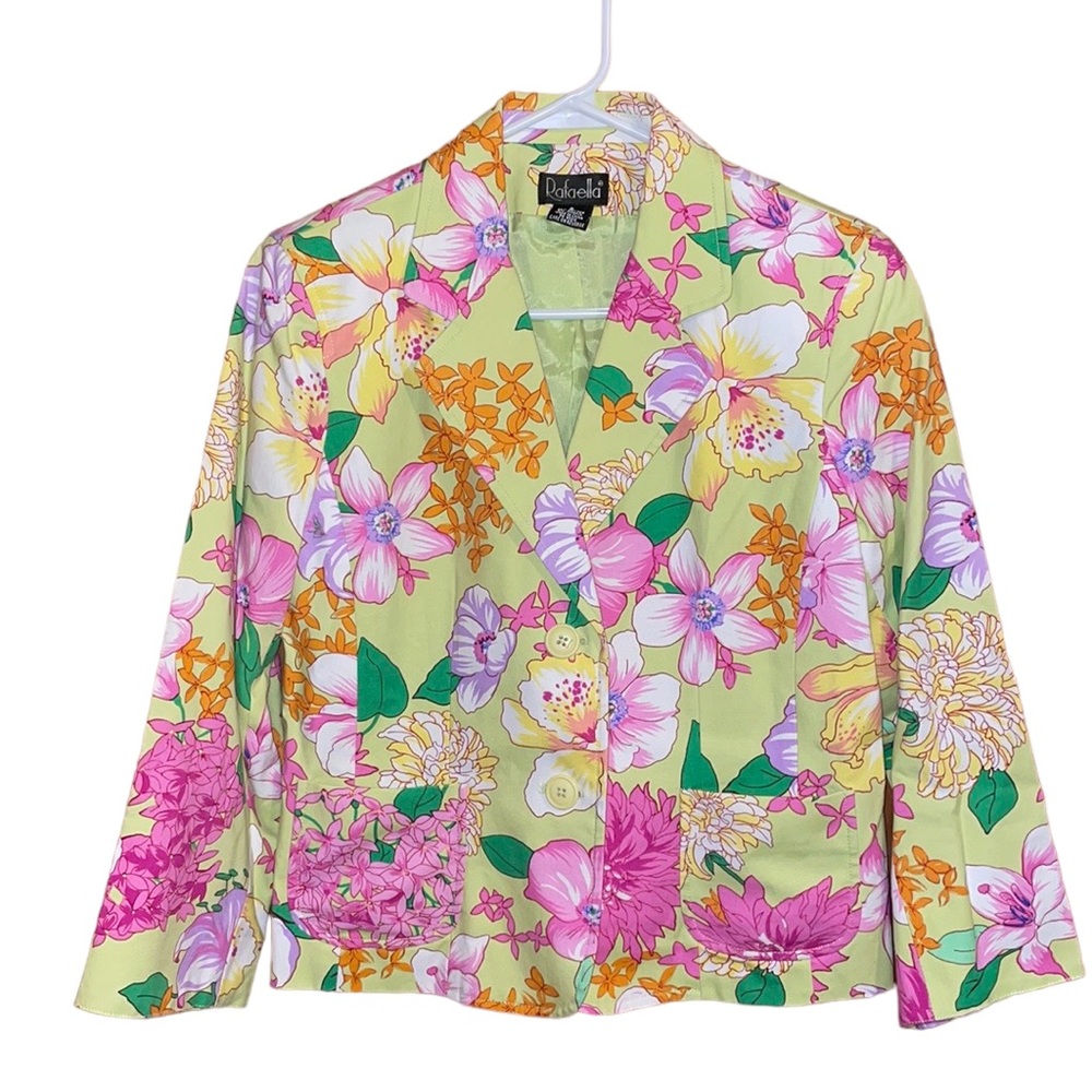 🎉H/P🥳 9/4/23•RAFAELLA•NWOT YELLOW GREEN FLORAL 3/4 SLEEVE BLAZER JACKET SIZE 8